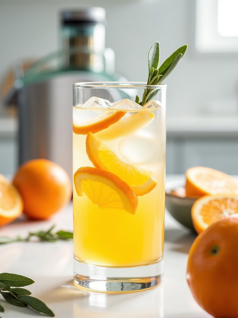 a clear glass filled with a Citrus & Sage Refresher, garnished with sage leaves and citrus slices, as seen in Citrus and Sage Refresher recipe.