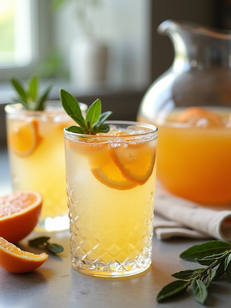 a clear glass filled with a Citrus & Sage Refresher, garnished with sage leaves and citrus slices.