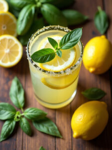 Top-angle shot of A glass of lemon basil spritzer with lemon slices and basil leaves on a wooden table surrounded by fresh lemons and basil.
