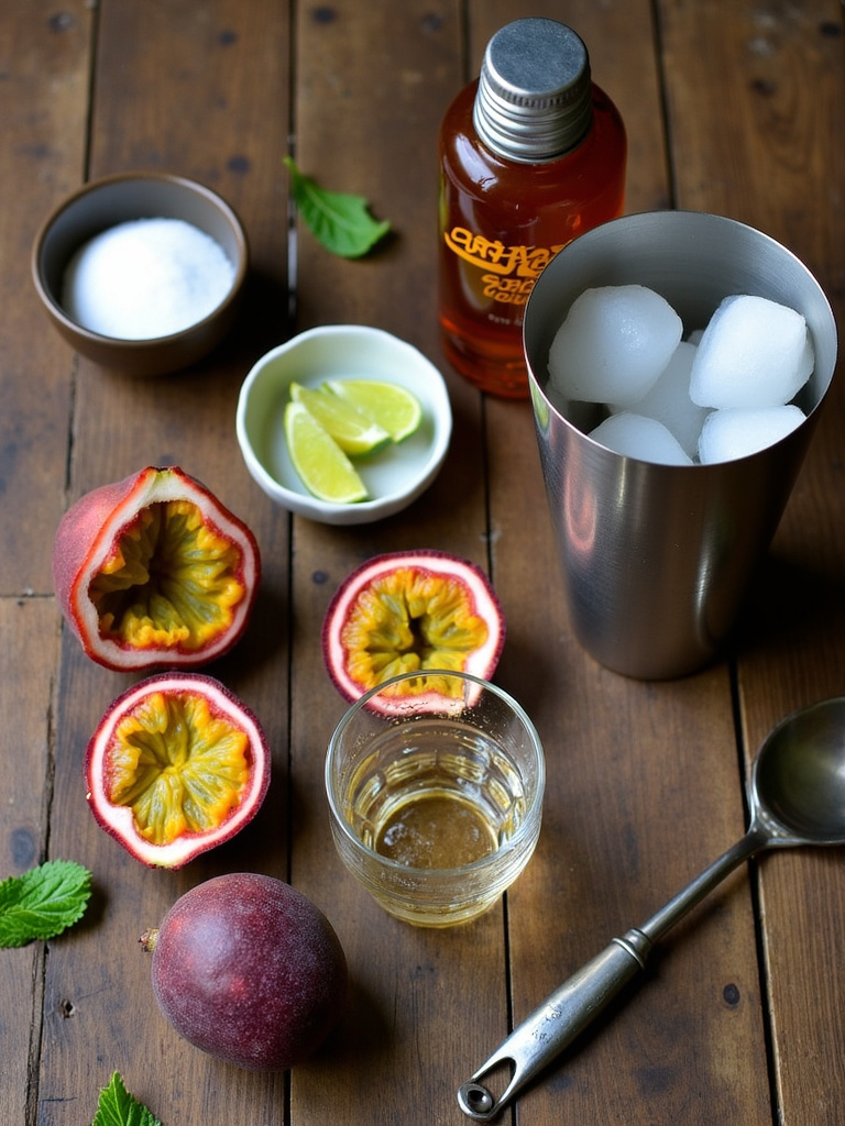 rustic wooden table styled with fresh passionfruits cut open to reveal their pulp, a bottle of cachaça, sugar in a small bowl, lime wedges, an ice-filled glass ready for serving, and a shiny cocktail shaker. Additional elements like a bar spoon, a muddler, and scattered mint leaves add detail, creating an inviting setup for making a Brazilian Batida recipe