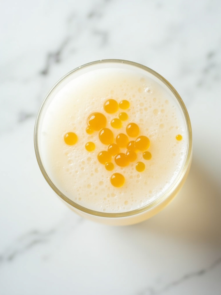 pisco sour in a clear glass, creamy foam surface decorated with bitters drops.