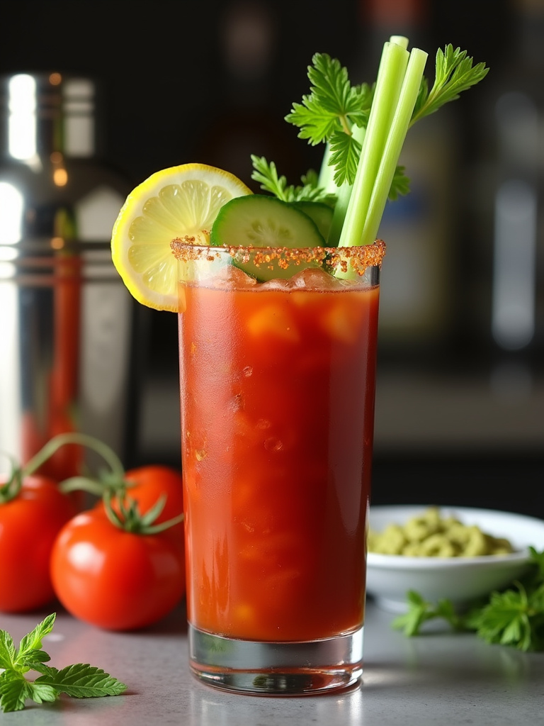A front-view shot of a tall glass of Wasabi Bloody Mary, garnished with celery stalk, lemon wedge, and cucumber slice, placed on a counter.