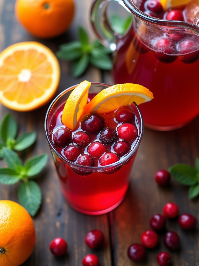 A top-angle shot of a clear glass and pitcher filled with cranberry orange punch, garnished with cranberries and orange slices, surrounded by fresh oranges, cranberries, and mint leaves on a rustic wooden table.