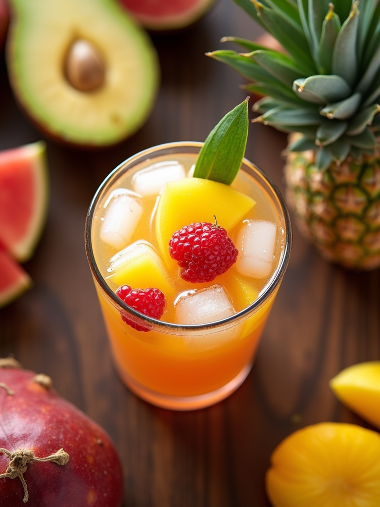 A clear glass of tropical punch filled with ice cubes and colorful fruit slices, captured from a top view.