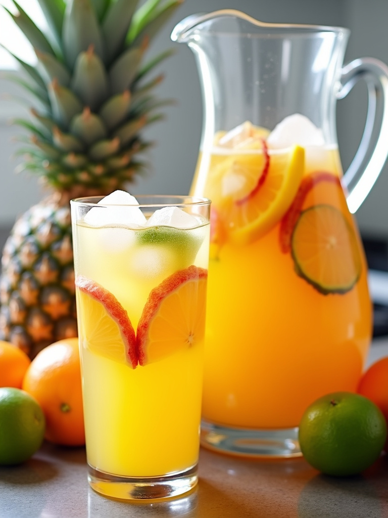 A glass and pitcher of iced tropical punch with ice and fruit slices on a kitchen counter surrounded by fresh tropical fruits and a glass of punch.