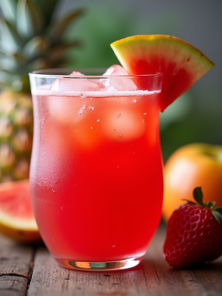 A close-up shot of a glass of bright red tropical punch filled with ice and garnished with fresh fruit slices.