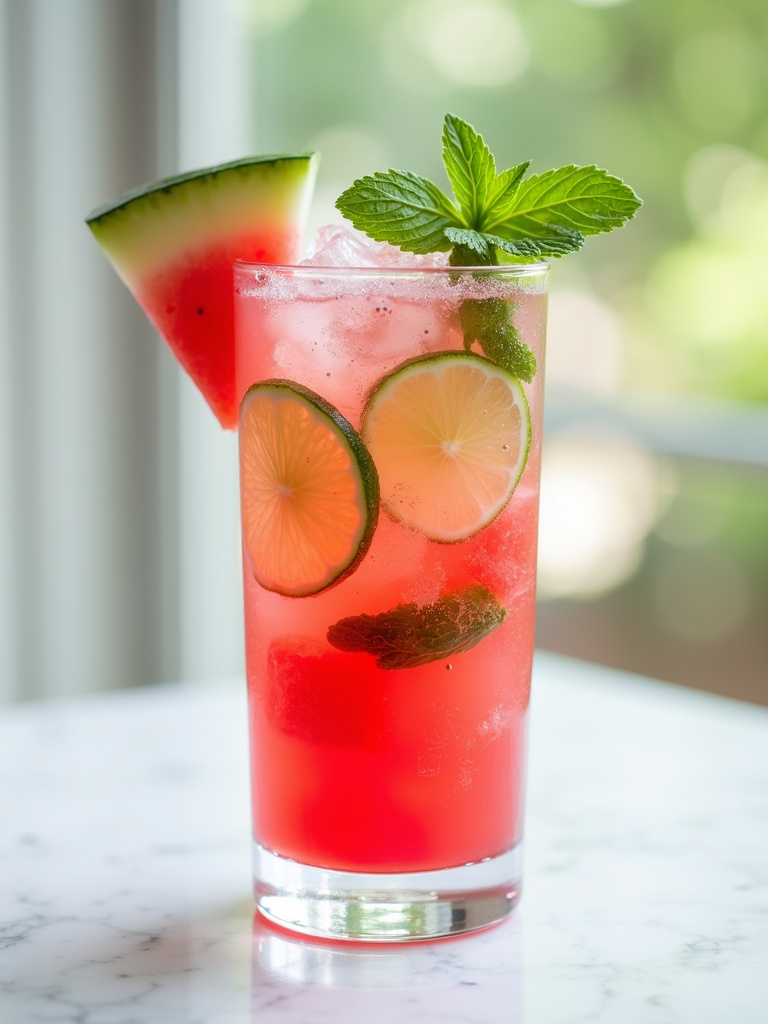 a watermelon mojito served in a tall highball glass
