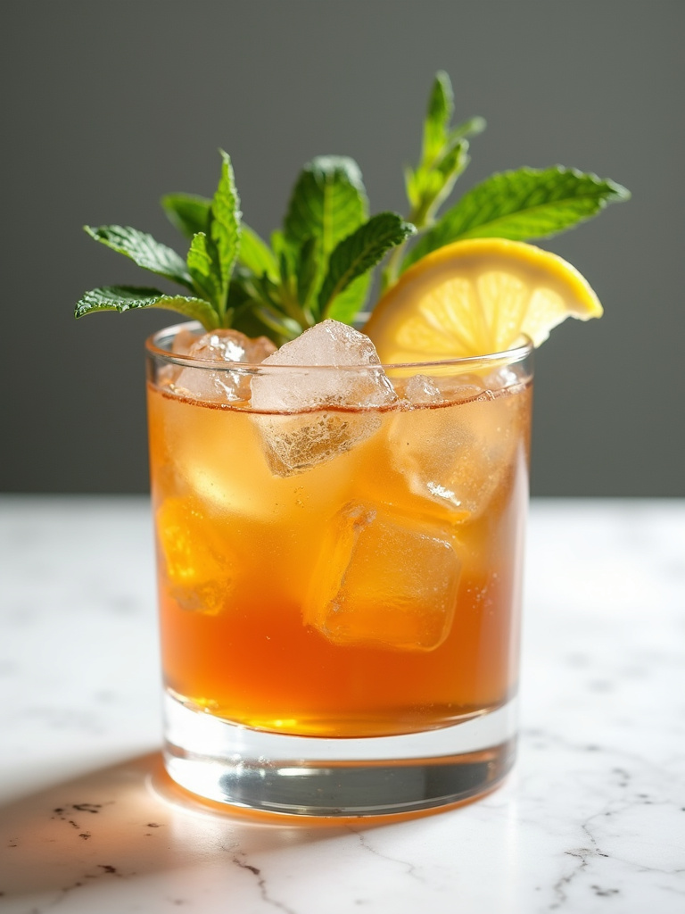a whiskey smash in a rocks glass, crushed ice and mint leaves