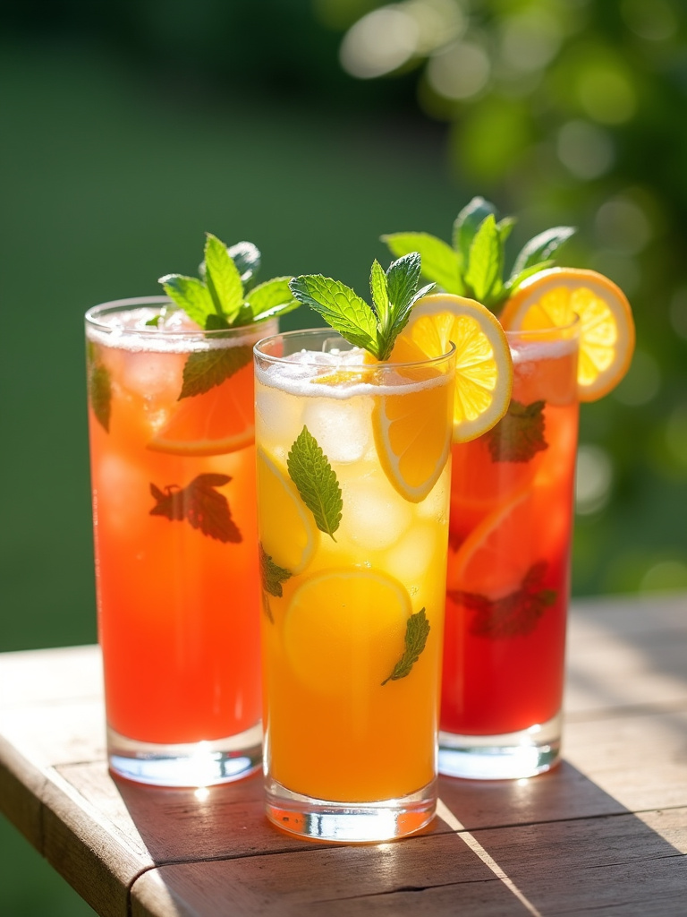 three colorful summer spritz cocktails arranged in clear glasses on a wooden table.