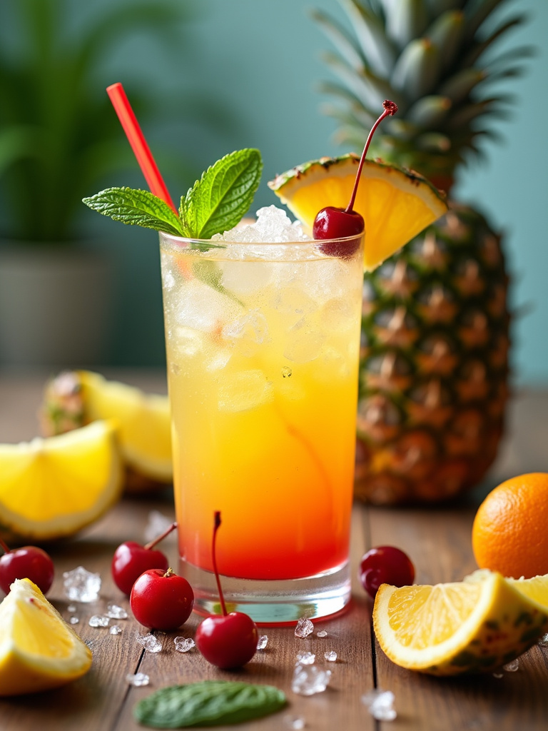 a vibrant Zombie cocktail filled with crushed ice, garnished with mint, cherries, and citrus slices.