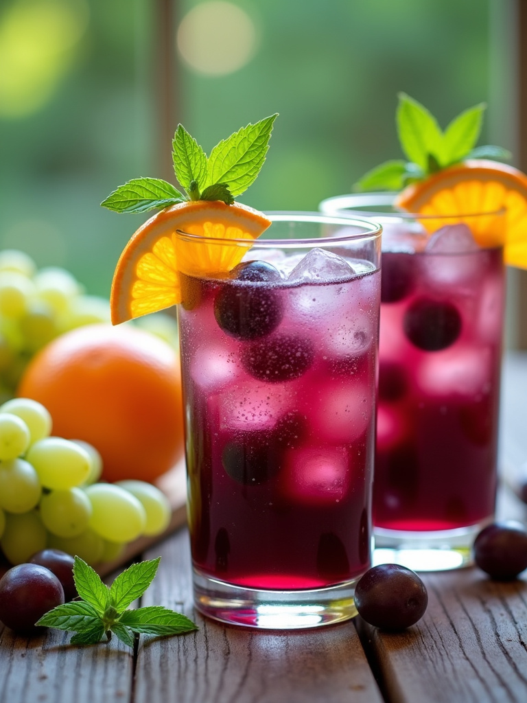 Grape citrus punch in glasses, ice cubes, orange slices, green grapes, mint garnish, rich purple drink, rustic wooden tabletop, soft natural sunlight, fresh fruit scattered, bright and colorful, tempting summer drink.
