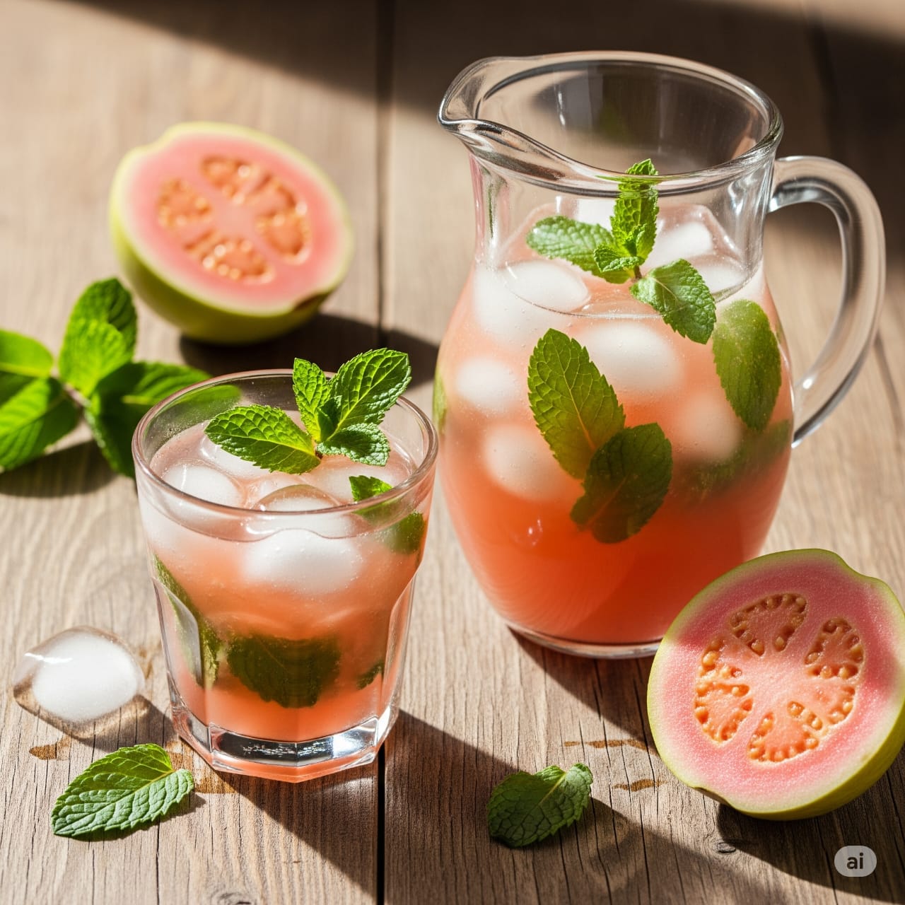 Guava Mojito in a Jug and class garnished with mint leaves for guava mojito receipe.