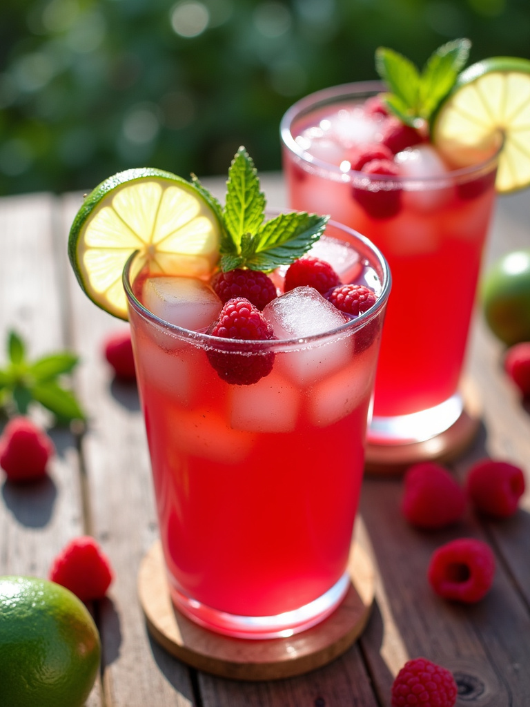 Raspberry lime punch in clear glasses, ice cubes, fresh raspberries, lime slices, mint garnish, bright red-pink drink, rustic wooden tabletop, natural sunlight, scattered fruit around, vibrant and tempting summer party drink.