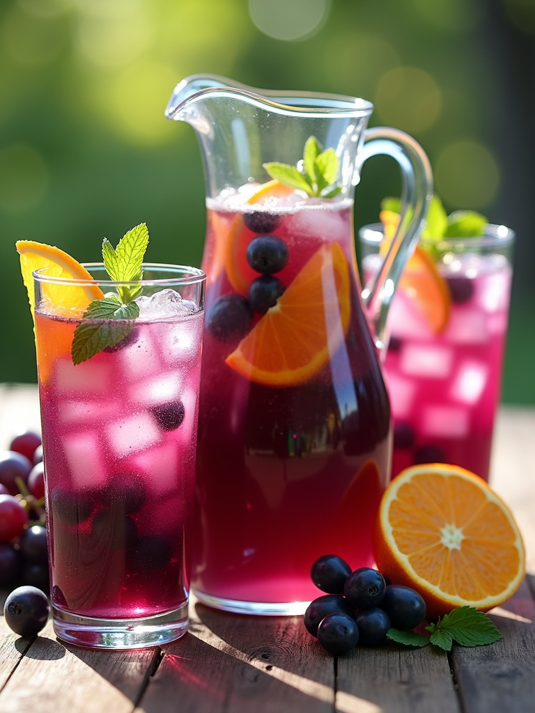 A picture of served Grape Citrus Punch with ice cubes and orange slice.