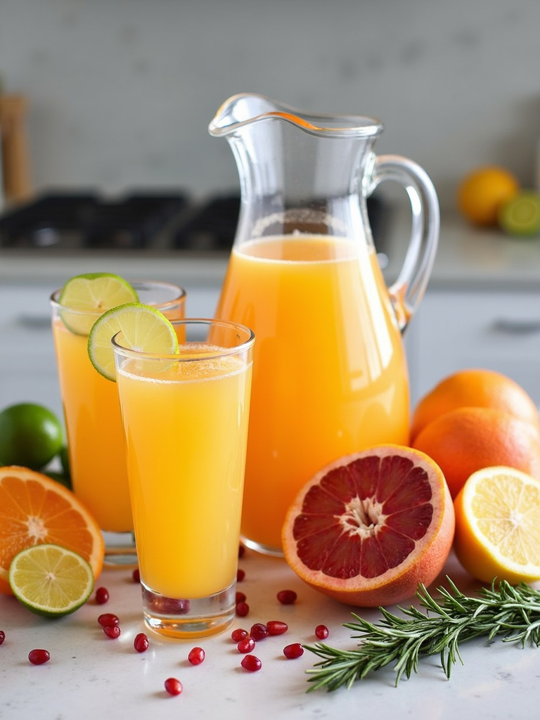 A kitchen countertop with clear jug and glasses of citrus punch surrounded by fresh sliced oranges, lemons, limes, grapefruit, pomegranate seeds, and rosemary sprigs.