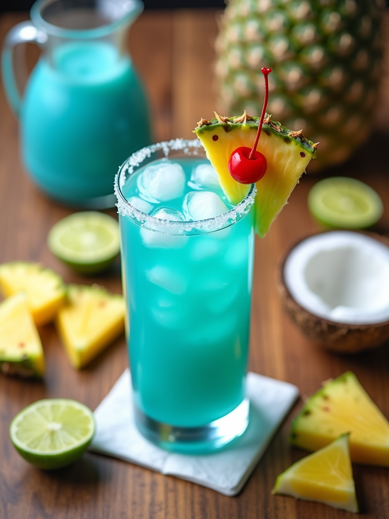 a vibrant Blue Hawaiian cocktail in a tall glass, garnished with a pineapple wedge and cherry. Surround the glass with fresh pineapple slices, as seen in Blue Hawaiian Recipe.