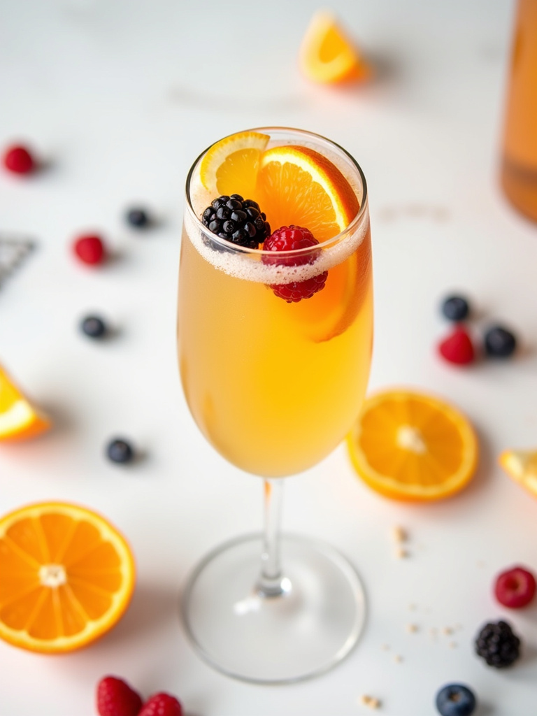 A top angle shot of a glass of classic mimosa cocktail placed on a white table, garnished with fresh orange slices and berries, with additional orange slices and berries scattered nearby.