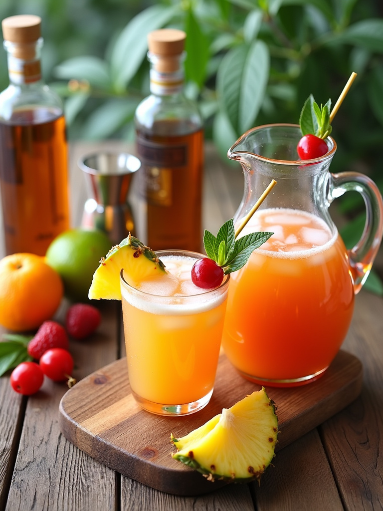 a clear glass jug filled with Bahama Mama cocktail, a glass garnished with pineapple and cherry, fresh tropical fruits like pineapple, orange, and lime.