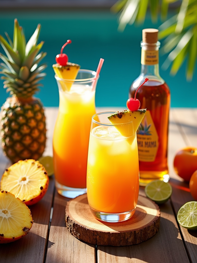 A clear jug of Bahama Mama, a glass garnished with pineapple and cherry, rum bottles, and tropical fruits like pineapple, orange, and lime.