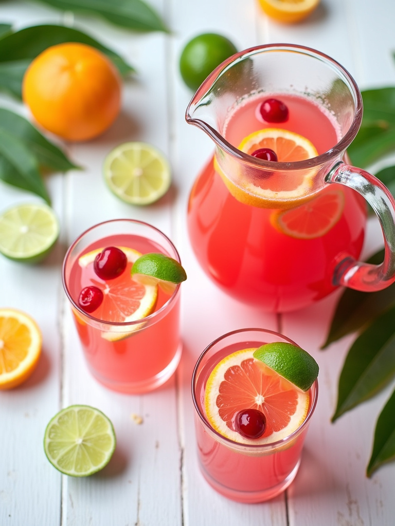 A vibrant tropical setup featuring a large glass punch bowl filled with colorful Flamingo Punch, garnished with citrus slices, cherries, and berries.