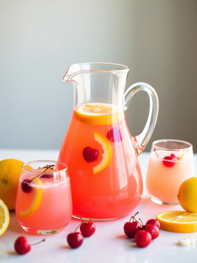 A clear glass jug and glass filled with colorful Flamingo Punch and fresh fruit garnishes, surrounded by tropical fruits.