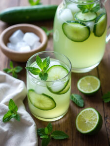 A clear glass pitcher and a matching glass filled with cucumber slices, lime wheels, and fresh mint.