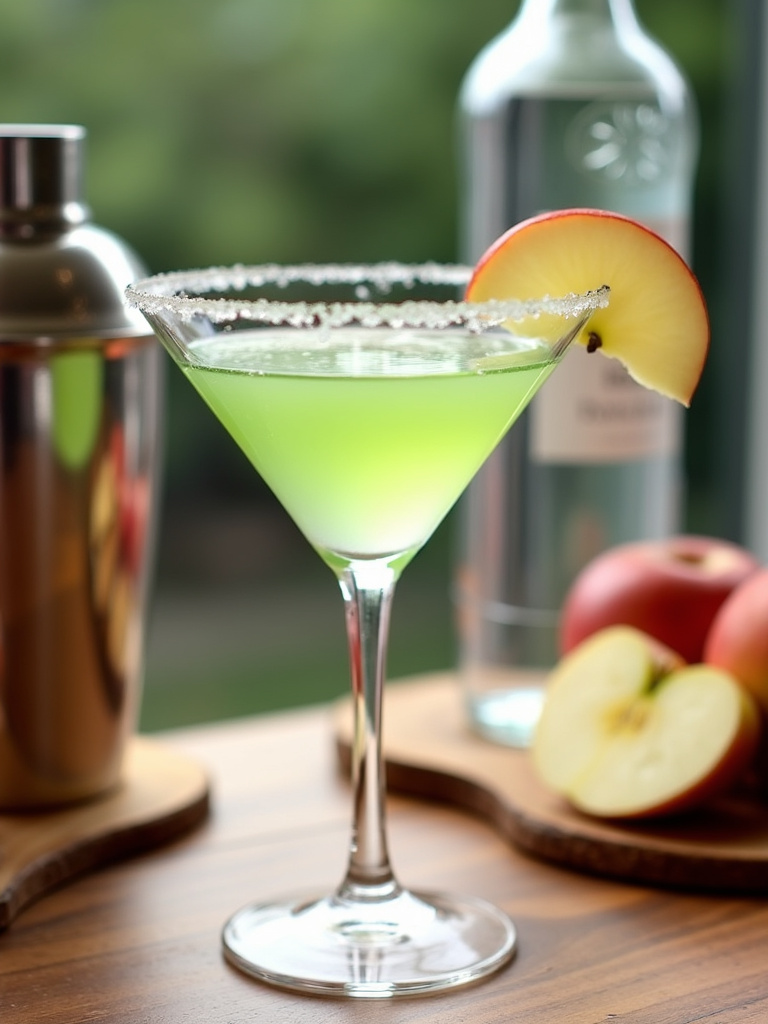 a chilled Apple Martini in a clear martini glass, pale green in color, garnished with a thin apple slice on the rim, as seen in the apple martini recipe,