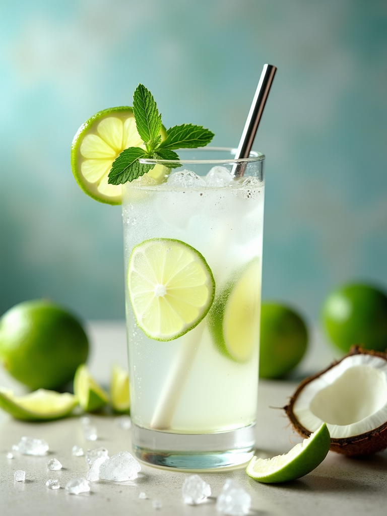 a tall clear glass of Coconut Lime Refresher with condensation, garnished with a lime wheel and fresh mint.