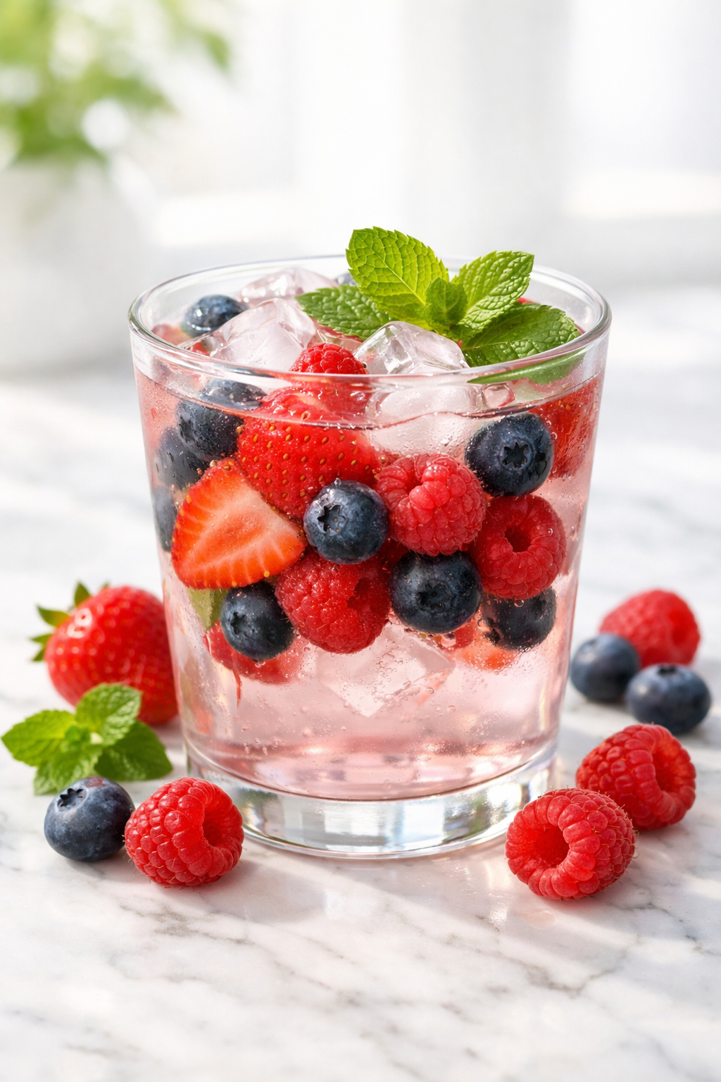 a clear glass filled with berry infusion drink, infused with strawberries, blueberries, and raspberries floating in lightly tinted water
