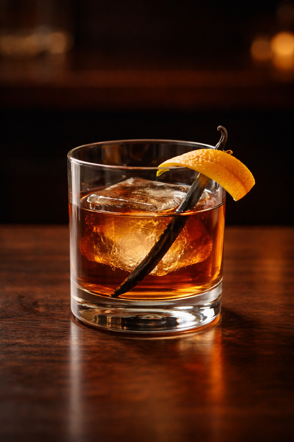 a vanilla bean old fashioned served in a clear rocks glass, rich amber color with a large square ice cube.