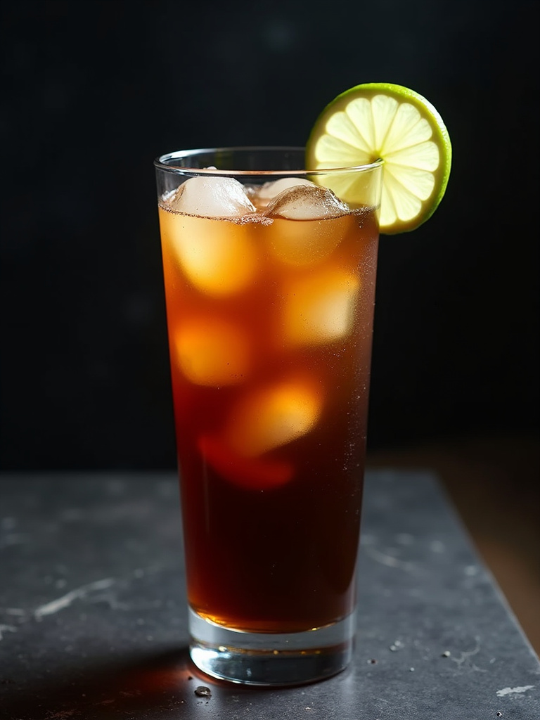 a Dark ’N’ Stormy served in a tall highball glass