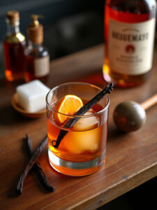 a Vanilla Bean Old Fashioned served in a clear rocks glass on a warm wooden bar countertop.