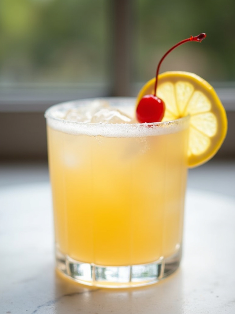 an amaretto sour served in a clear rocks glass, pale golden-yellow color with a soft frothy top