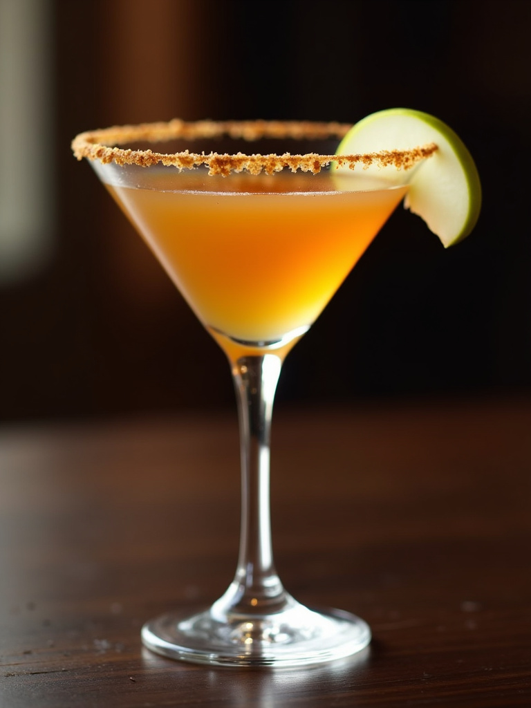 a caramel apple martini in a minimalist martini glass, pale golden hue.