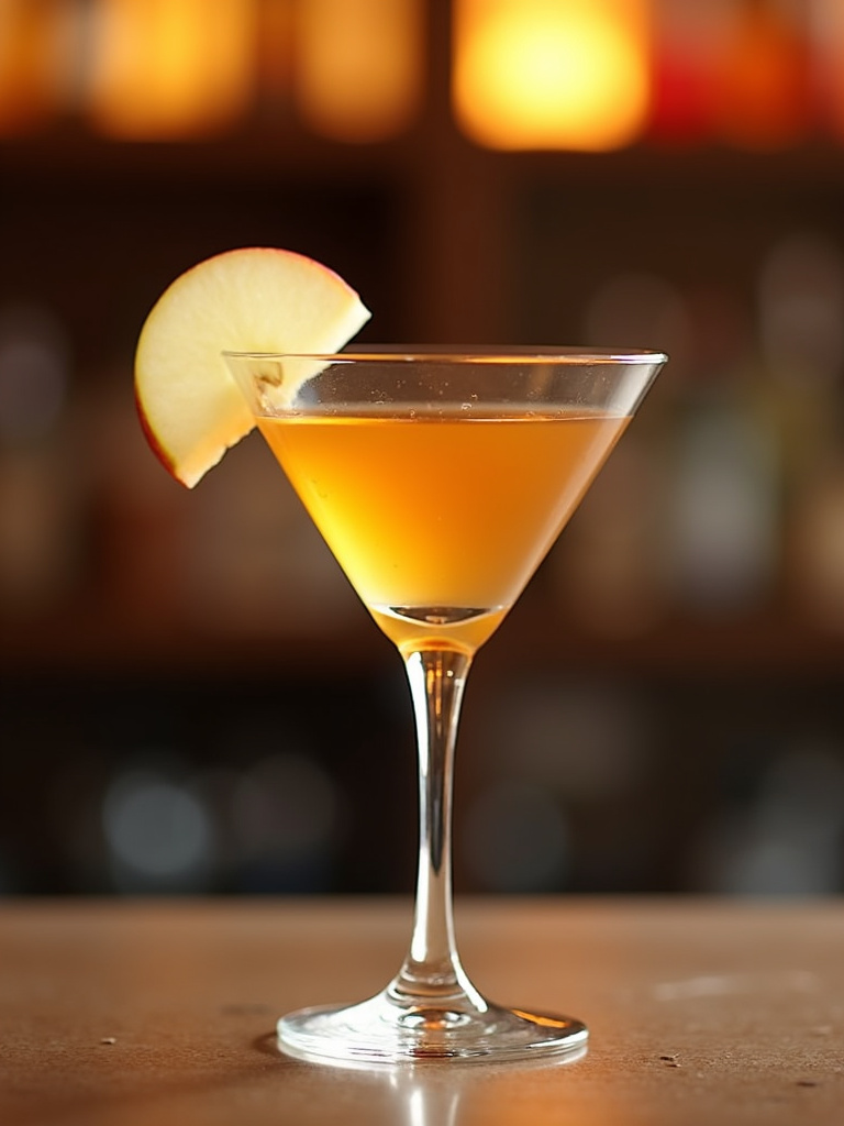 a caramel apple martini in a minimalist martini glass